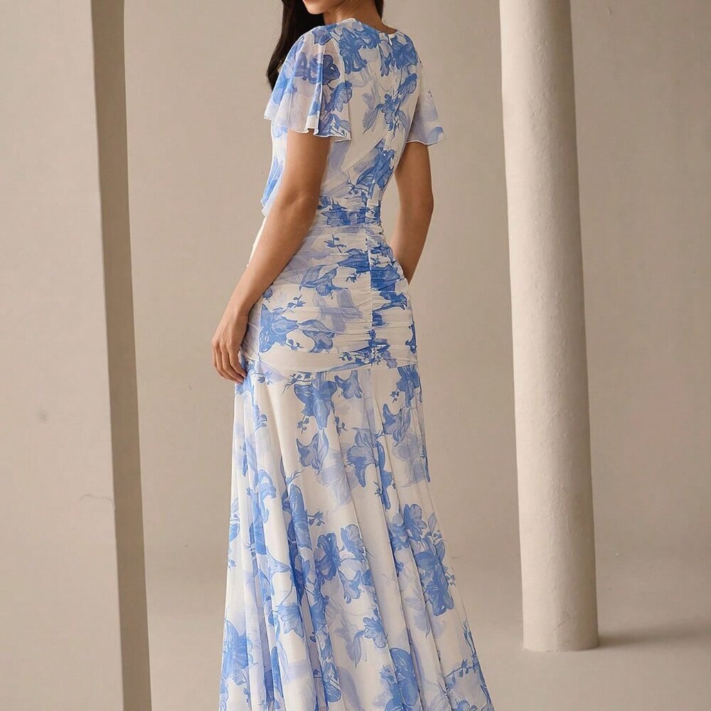 Blue Elegant Women's Floral Maxi Dress with V-Neck Short Sleeves, Ruched Print - Picture 2 of 7
